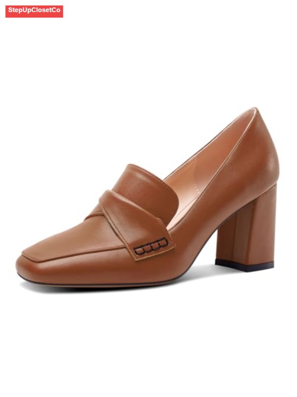 Chunky Block Mid Heel Square Toe Pumps Slip-on Loafers Office Classic 3.2 Inches